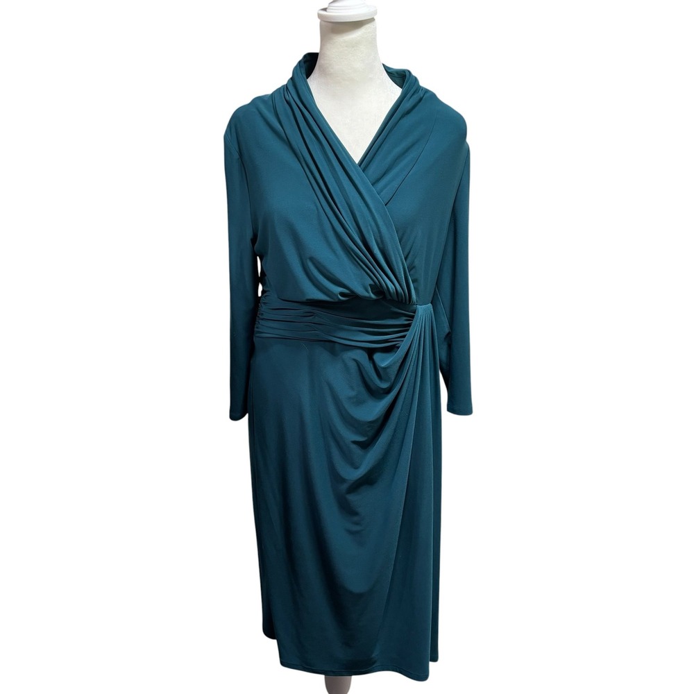 Teal Faux Wrap Sheath Dress Long Sleeve Ruched Draped Midi Size 12 #K68